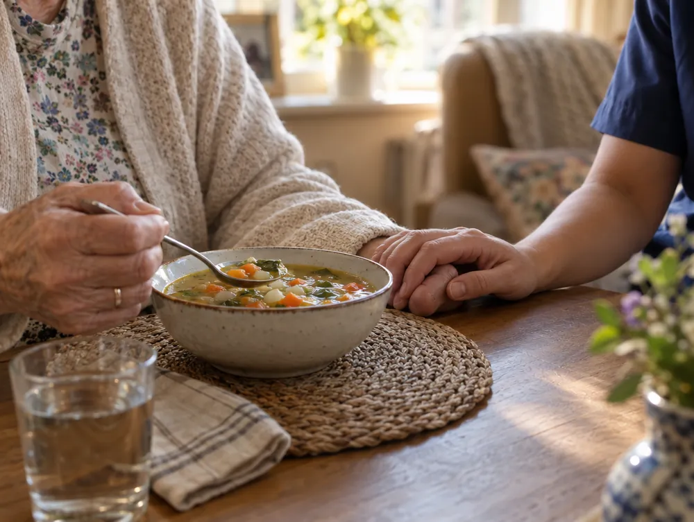 A support worker's hand resting beside an older woman as she eats soup at home