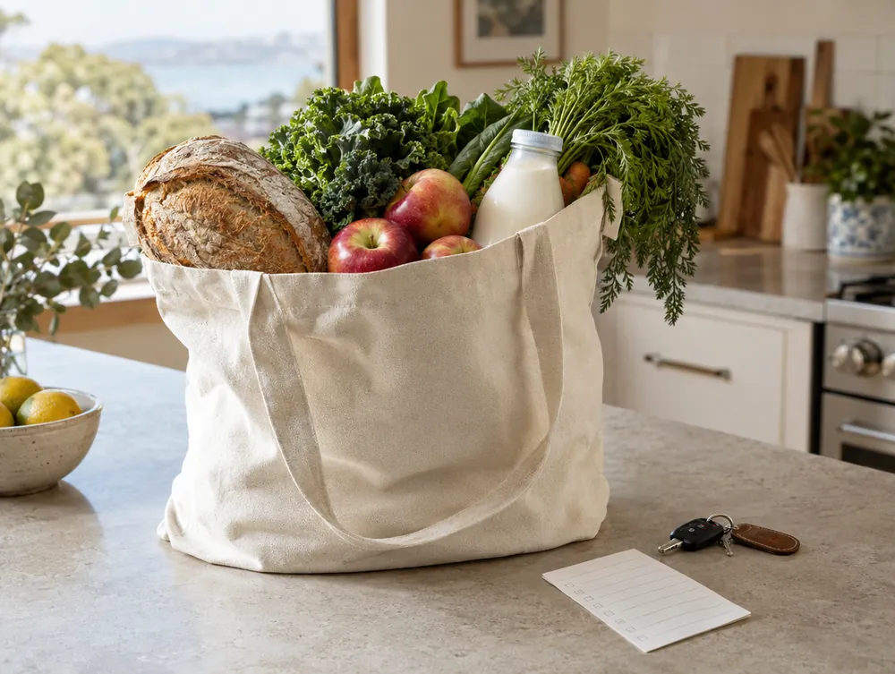 A tote bag of fresh groceries on a kitchen bench