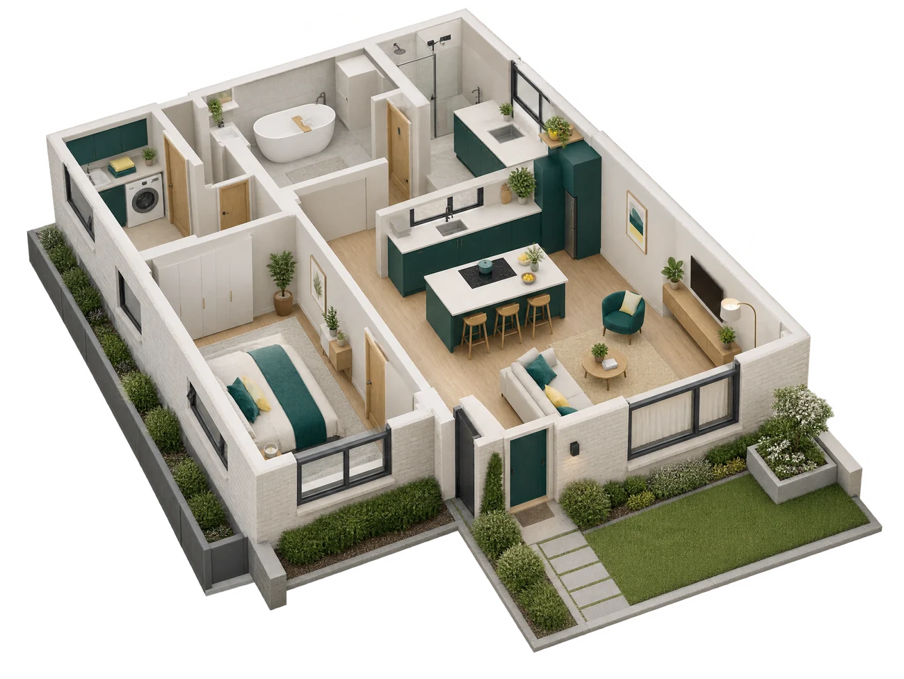 A 3D cutaway of a modern home showing the kitchen, living room, bedroom, bathroom, laundry and front garden